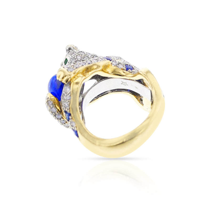 Diamond, Sapphire, and Emerald Panther Ring, 18 Karat Gold