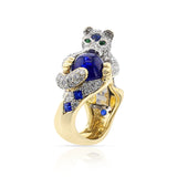 Diamond, Sapphire, and Emerald Panther Ring, 18 Karat Gold