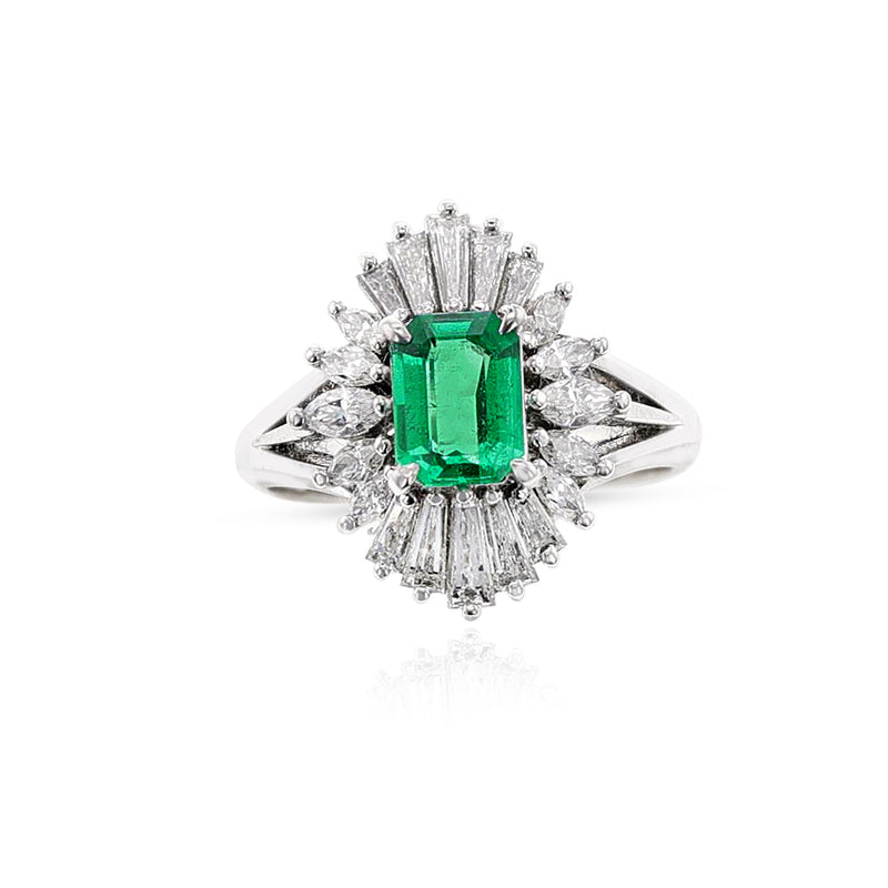 Rectangular Emerald-Cut Emerald and Diamond Cocktail Ring, Platinum