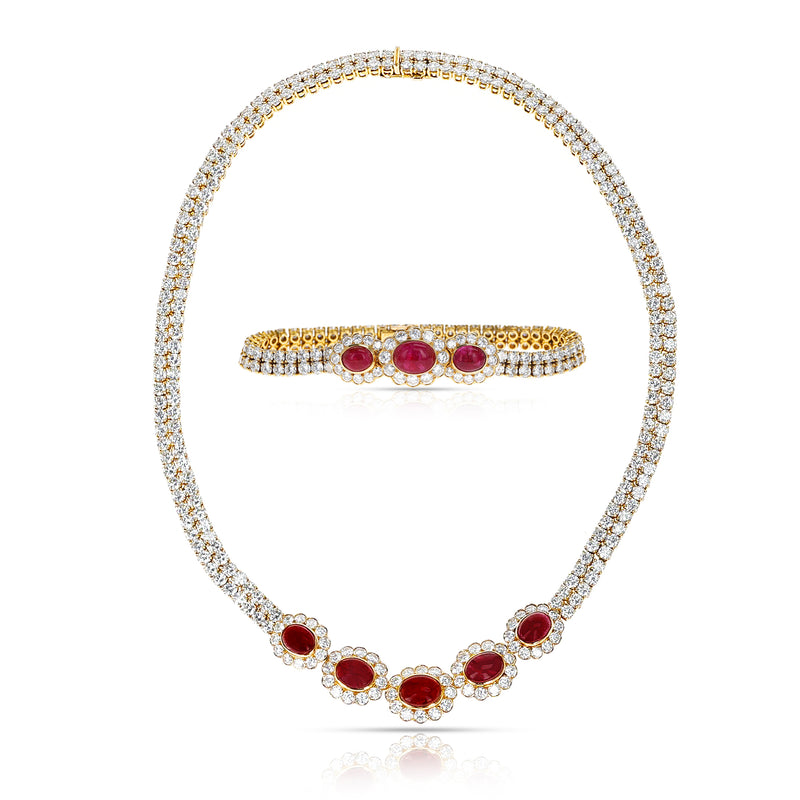 Van Cleef & Arpels Ruby Cabochon and Diamond Bracelet and Necklace Set, 18k