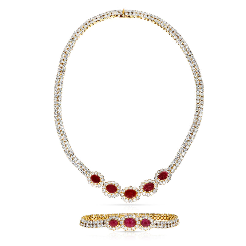 Van Cleef & Arpels Ruby Cabochon and Diamond Bracelet and Necklace Set, 18k