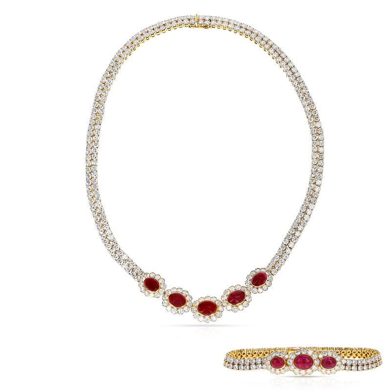 Van Cleef & Arpels Ruby Cabochon and Diamond Bracelet and Necklace Set, 18k