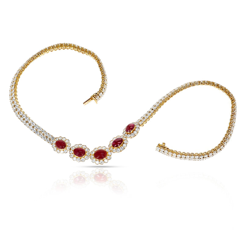 Van Cleef & Arpels Ruby Cabochon and Diamond Bracelet and Necklace Set, 18k