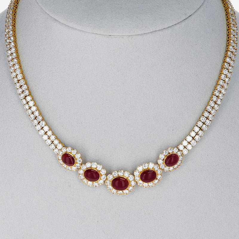 Van Cleef & Arpels Ruby Cabochon and Diamond Bracelet and Necklace Set, 18k