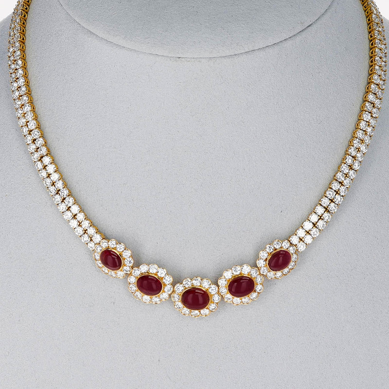 Van Cleef & Arpels Ruby Cabochon and Diamond Bracelet and Necklace Set, 18k
