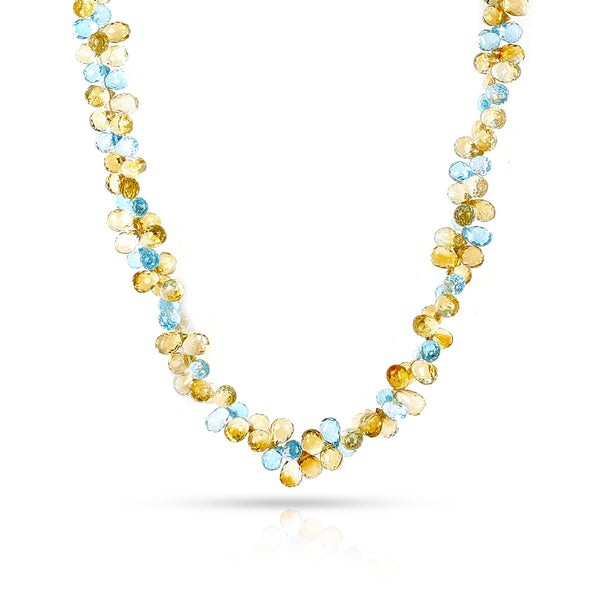 Citrine and Blue Topaz Briolette Beads Necklace, 14k
