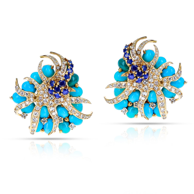 Sterlé  Pierre Turquoise, Sapphire and Diamond Earring and Brooch Set, French