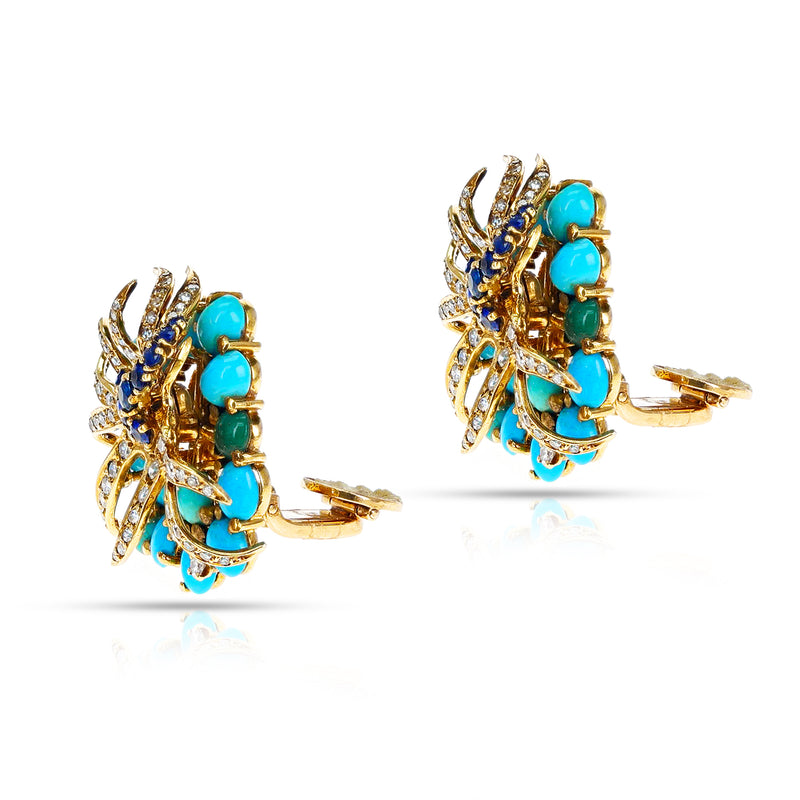 Sterlé  Pierre Turquoise, Sapphire and Diamond Earring and Brooch Set, French