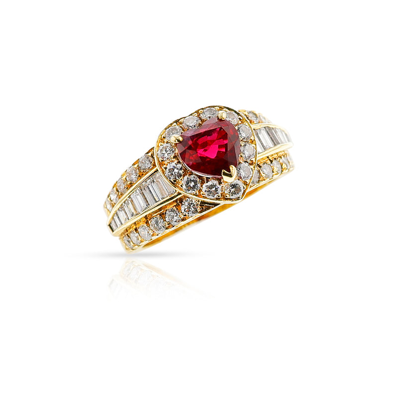 Van Cleef & Arpels GIA Certified No Heat Pigeon Blood Heart Shaped Burma Ruby Ring, 18k