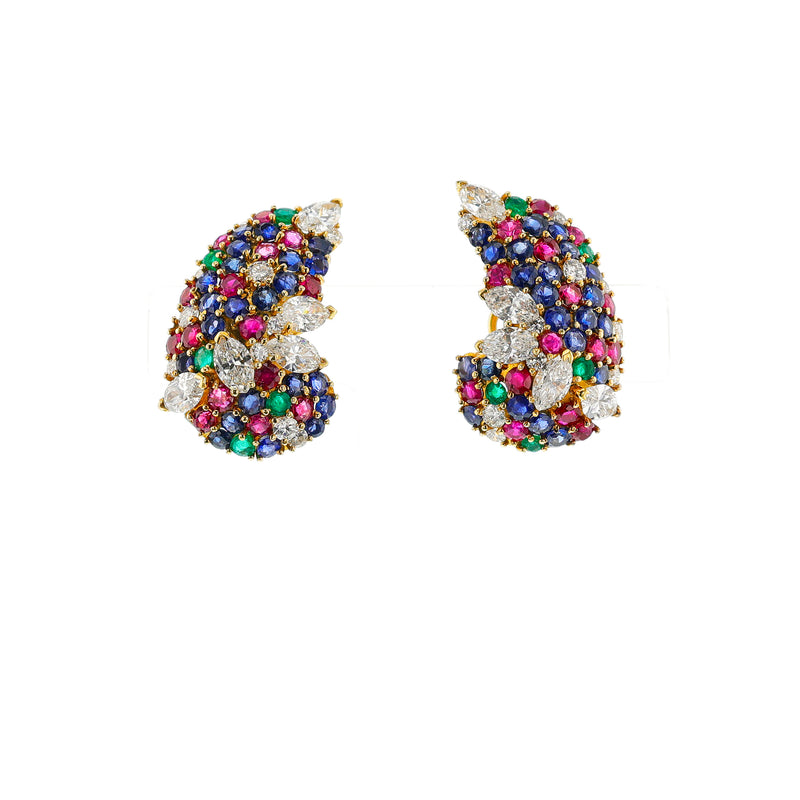 Round Ruby, Emerald, Sapphire and Marquise Diamond Cocktail Earrings, 18k Yellow