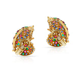 Round Ruby, Emerald, Sapphire and Marquise Diamond Cocktail Earrings, 18k Yellow