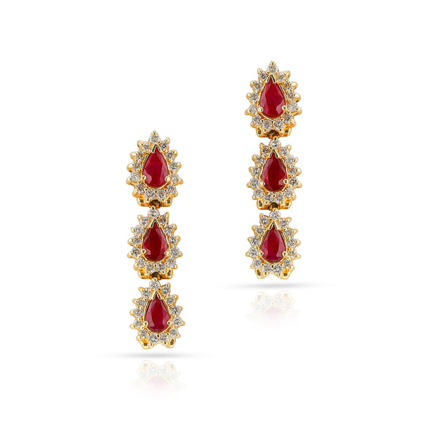 Pear Ruby and Diamond Dangling Earrings, 14k