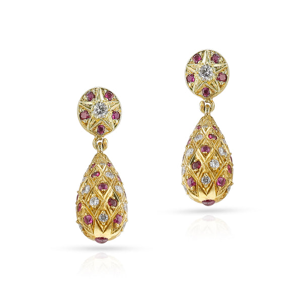Ruby and Diamond Dangling Earrings with Gold, 18k