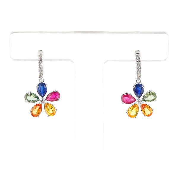 Multi-Sapphire and Diamond Flower Hoop Earrings, 14k White Gold