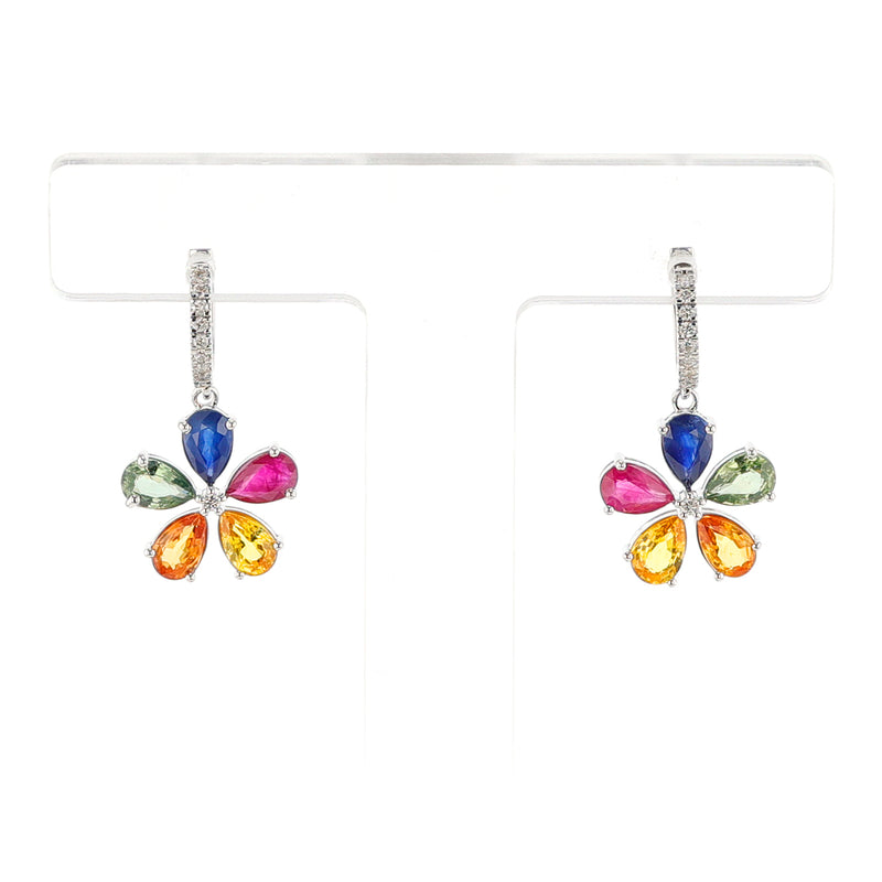 Multi-Sapphire and Diamond Flower Hoop Earrings, 14k White Gold