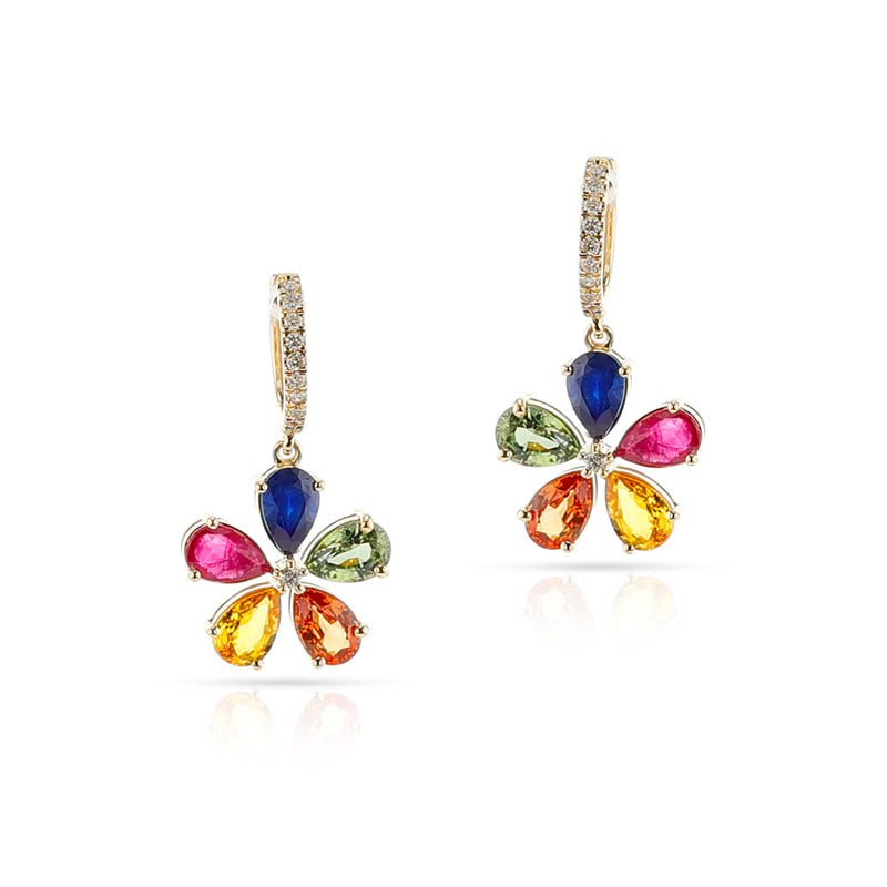 Multi-Sapphire and Diamond Flower Hoop Earrings, 14k Yellow Gold