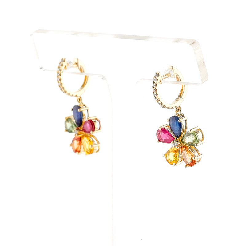 Multi-Sapphire and Diamond Flower Hoop Earrings, 14k Yellow Gold