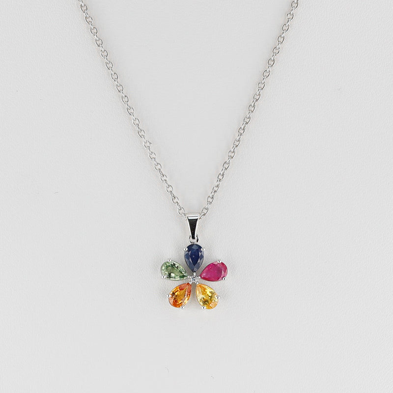 Multi-Sapphire and Diamond Flower Pendant, 14k White Gold