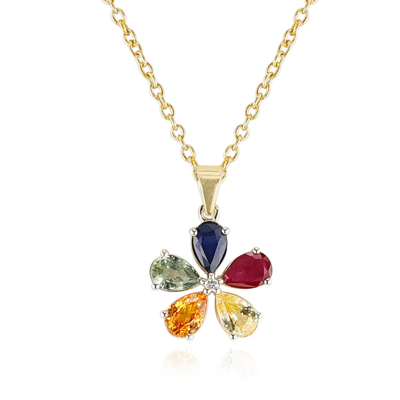 Multi-Sapphire and Diamond Flower Pendant, 14k Yellow Gold
