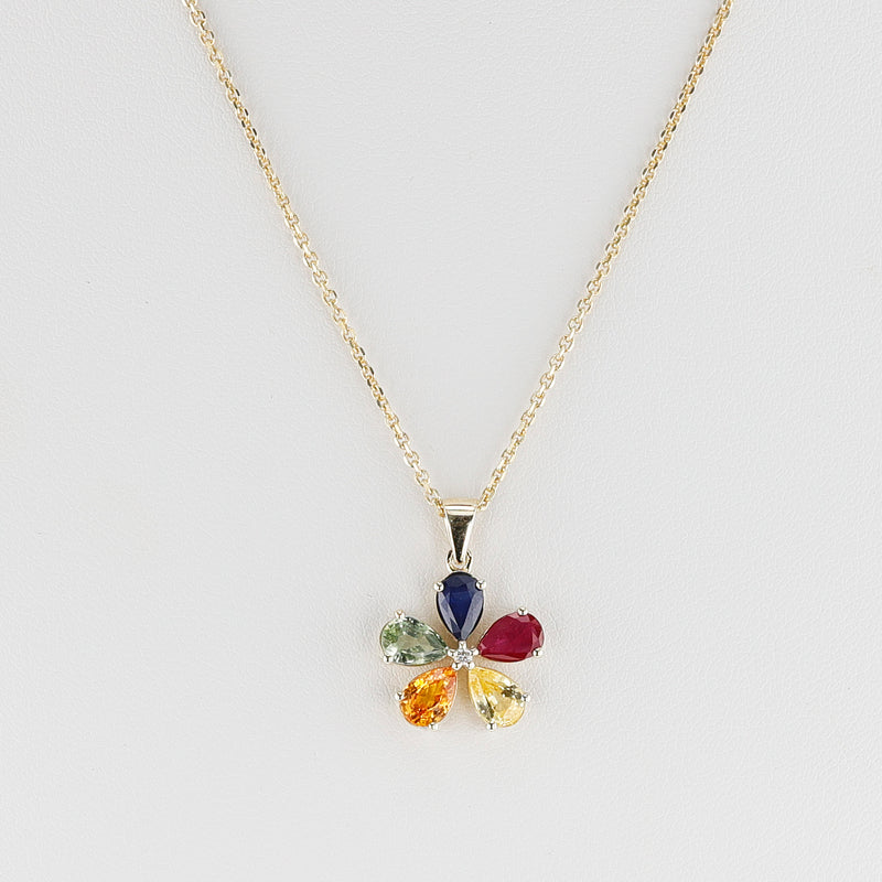 Multi-Sapphire and Diamond Flower Pendant, 14k Yellow Gold