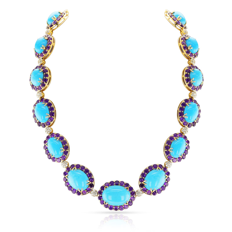 18k Turquoise, Amethyst and Diamond Necklace and Earring Set