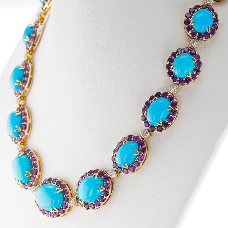 18k Turquoise, Amethyst and Diamond Necklace and Earring Set