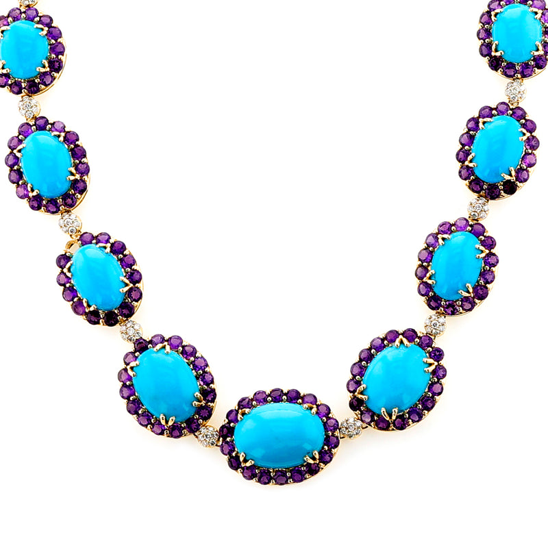 18k Turquoise, Amethyst and Diamond Necklace and Earring Set