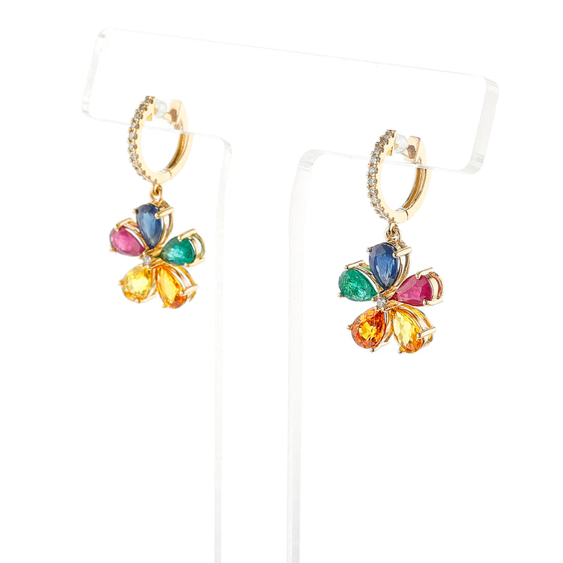 Floral Multi Sapphire and Diamond Dangling Earrings