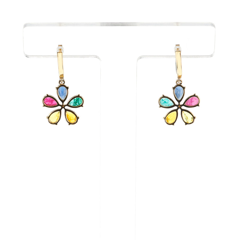 Floral Multi Sapphire and Diamond Dangling Earrings