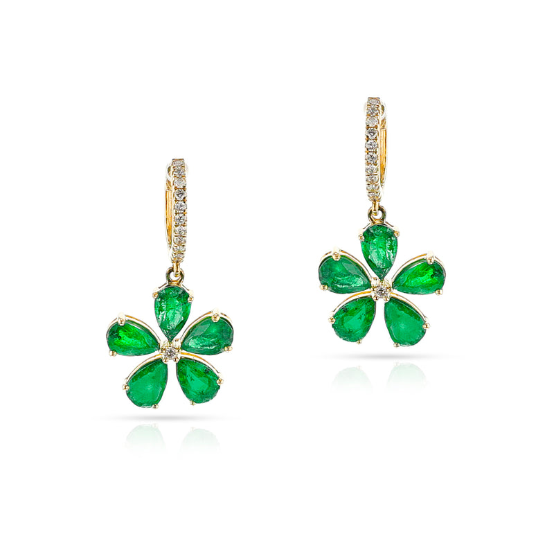 Floral Emerald and Diamond Dangling Earrings