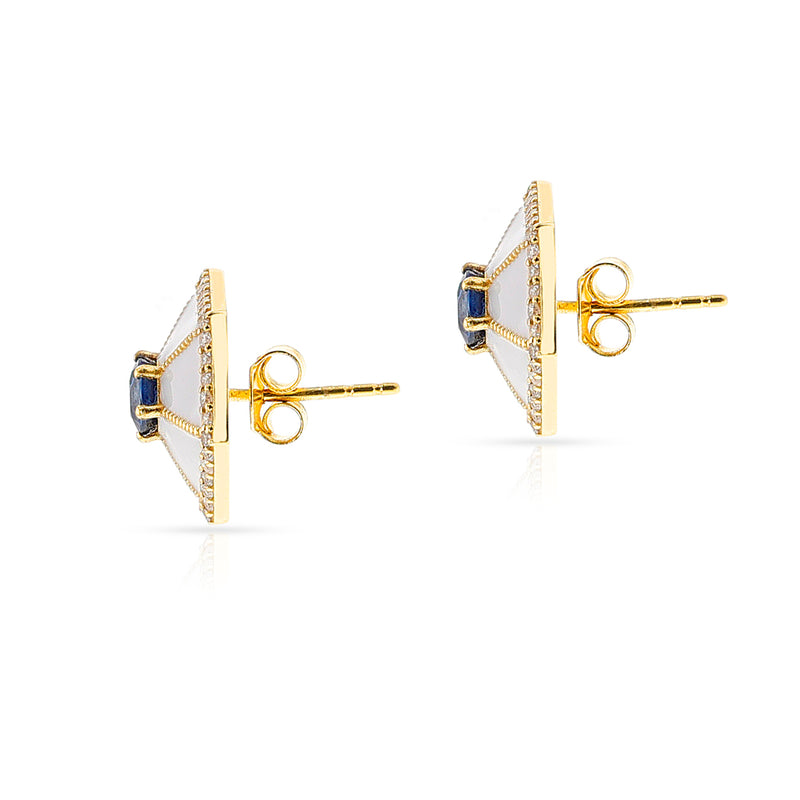 Hexagonal Blue Sapphire, Diamond and White Enamel Earrings, 18k