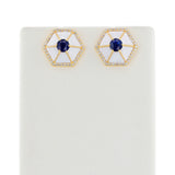 Hexagonal Blue Sapphire, Diamond and White Enamel Earrings, 18k