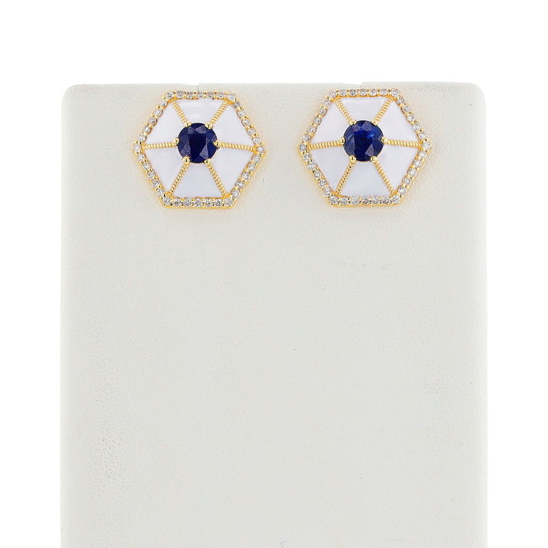 Hexagonal Blue Sapphire, Diamond and White Enamel Earrings, 18k