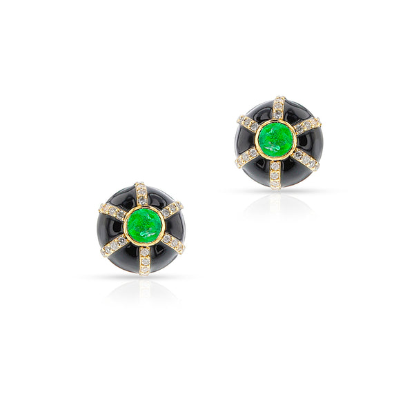 Emerald and Diamond with Black Enamel Circle Earrings, 18k