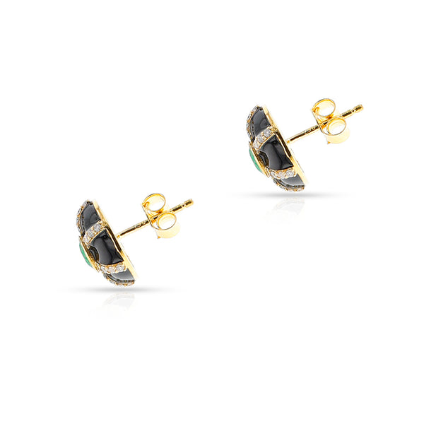 Emerald and Diamond with Black Enamel Circle Earrings, 18k