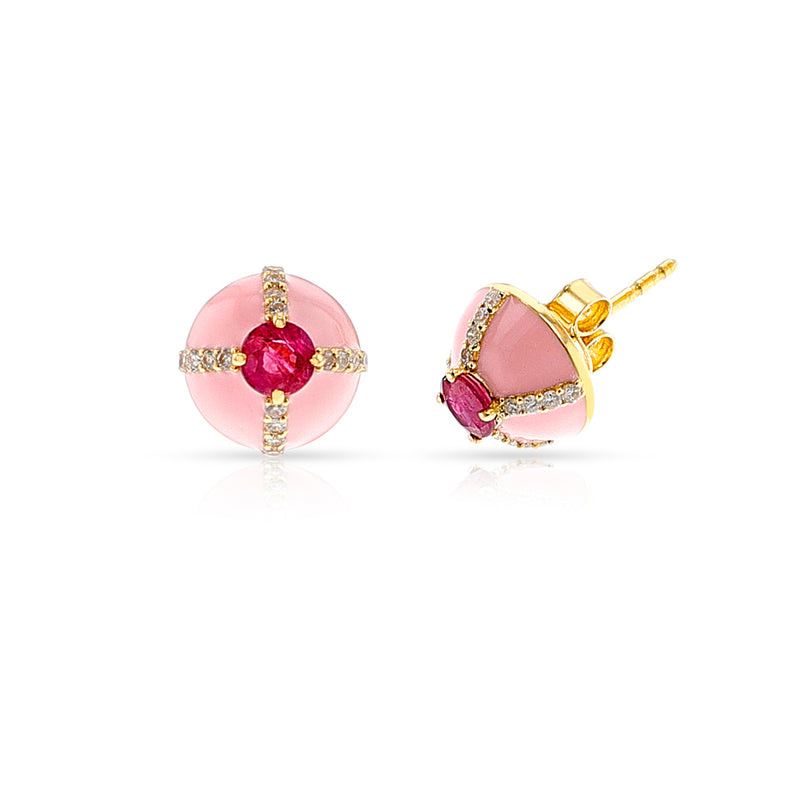 Ruby, Diamond and Pink Enamel Stud Earrings, 18k