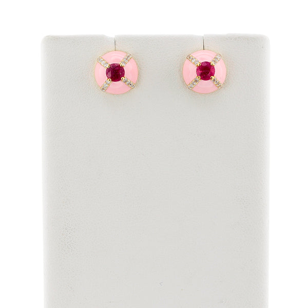 Ruby, Diamond and Pink Enamel Stud Earrings, 18k