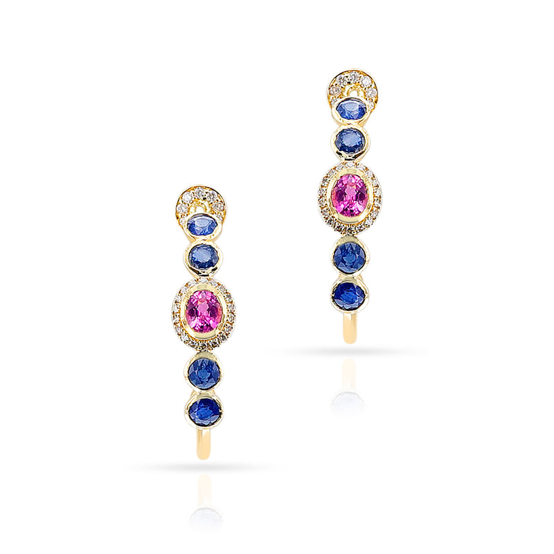 Blue Sapphire, Pink Sapphire and Diamond Hoop Earrings, 18k