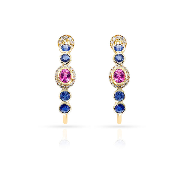 Blue Sapphire, Pink Sapphire and Diamond Hoop Earrings, 18k