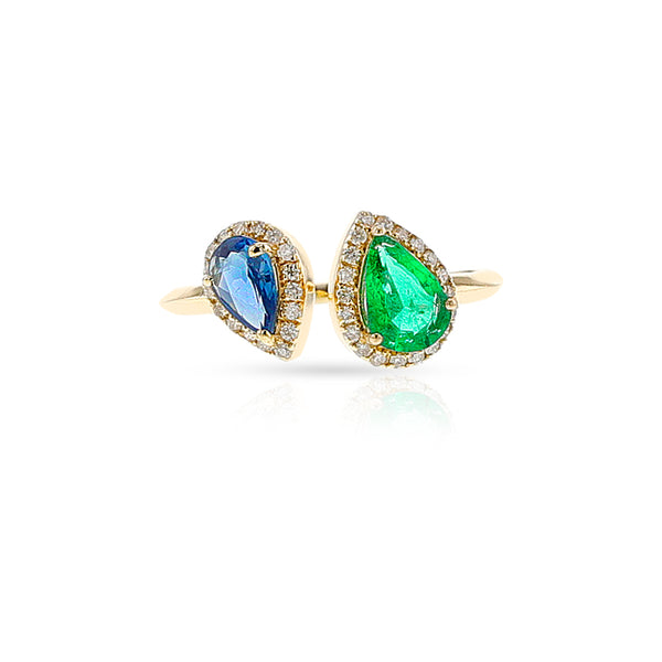 Pear Shape Twin Ring Emerald and Sapphire Ring, 18k