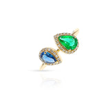 Pear Shape Twin Ring Emerald and Sapphire Ring, 18k