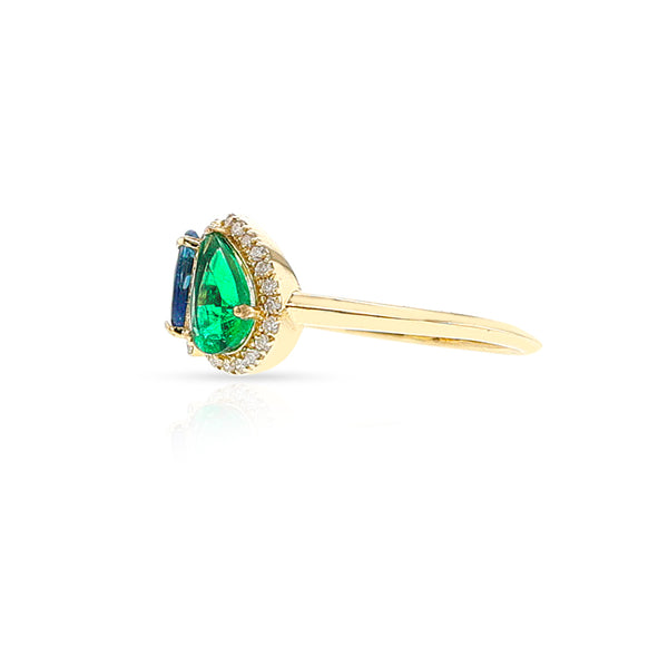 Pear Shape Twin Ring Emerald and Sapphire Ring, 18k