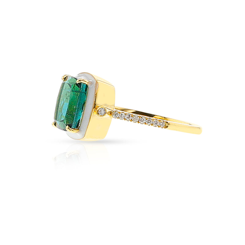 Green Tourmaline, Diamond, and White Enamel Ring, 18k