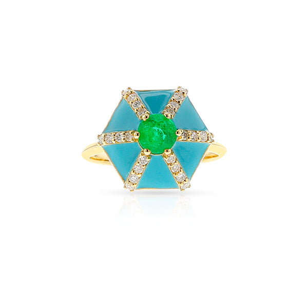 Emerald, Diamond, and Blue Enamel Hexagon Ring, 18k