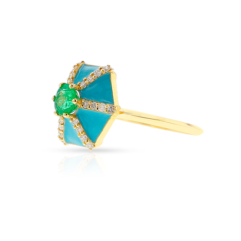 Emerald, Diamond, and Blue Enamel Hexagon Ring, 18k