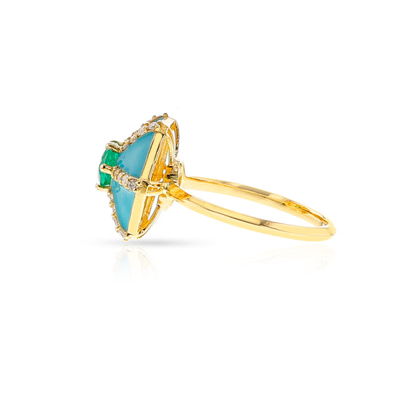 Emerald, Diamond, and Blue Enamel Hexagon Ring, 18k