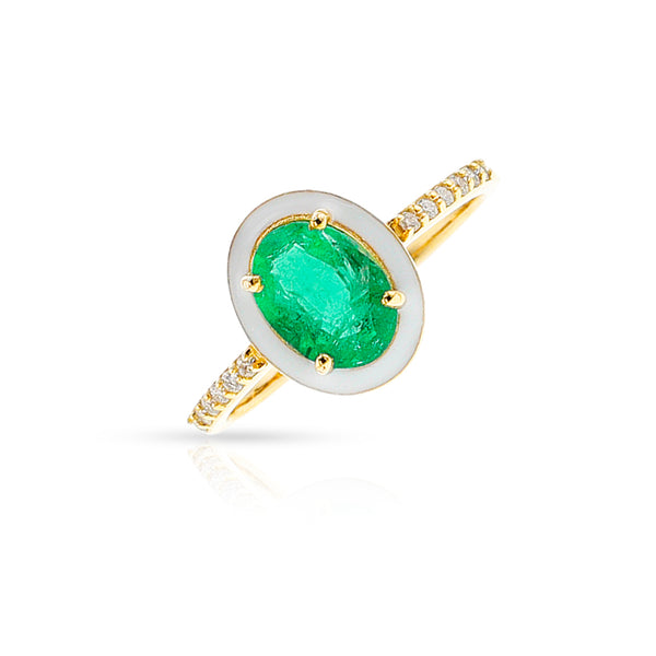 Emerald, White Enamel and Diamond Ring, 18k