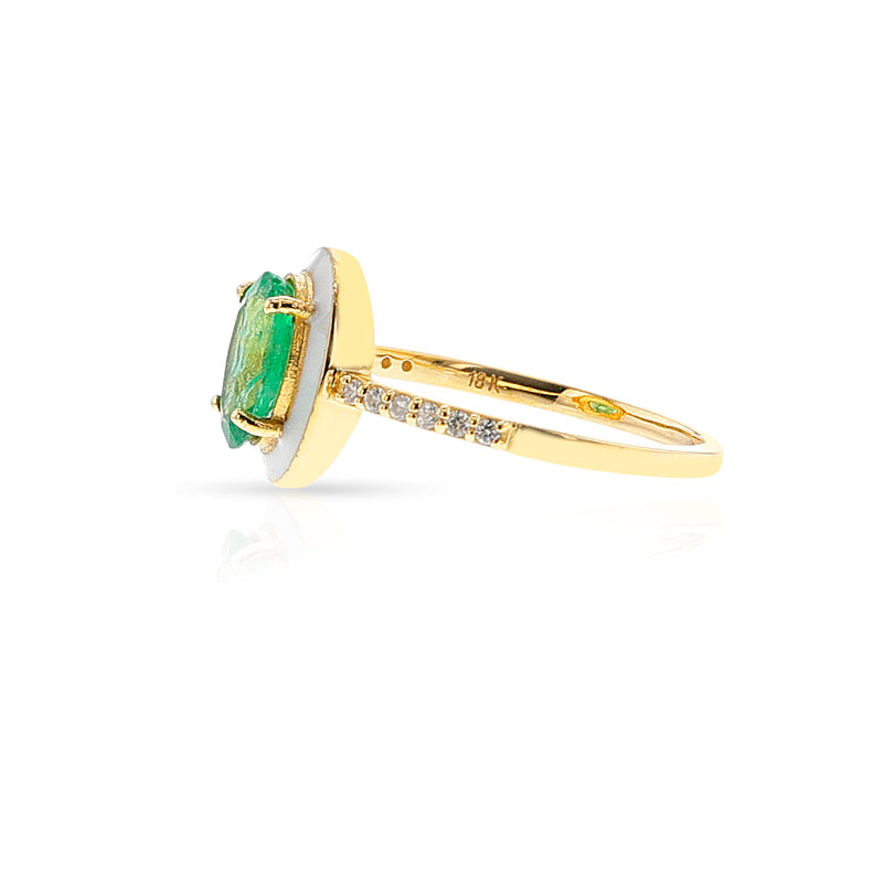 Emerald, White Enamel and Diamond Ring, 18k