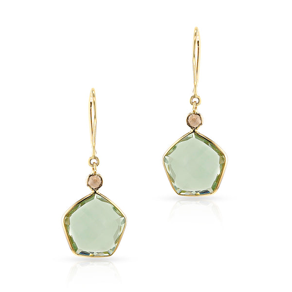 Pentagonal Green Amethyst and Diamond Rose Cut Dangling Earrings, 18k