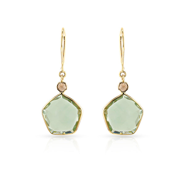 Pentagonal Green Amethyst and Diamond Rose Cut Dangling Earrings, 18k